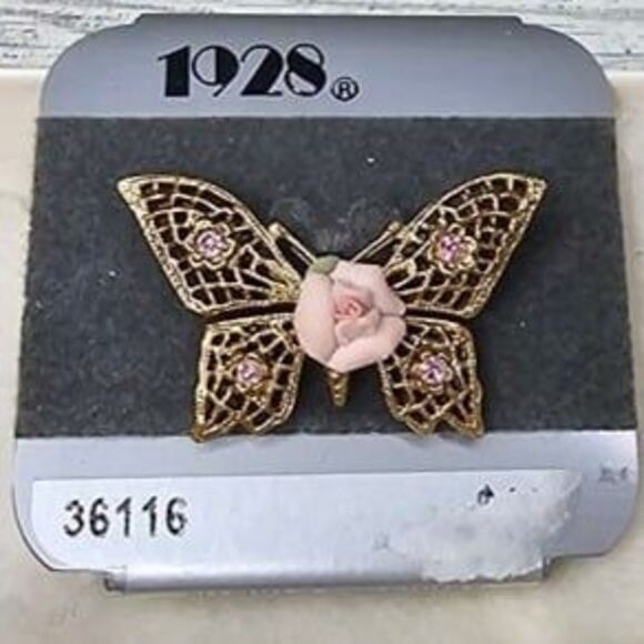 NWT 1928 Collection Baby Pink Porcelain Rose Gold Tone Butterfly Brooch Pin - Picture 1 of 2